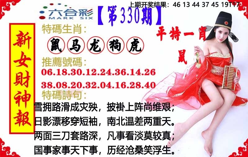 2025330期：澳门女财神，描绘2025新澳门历史记录查询玄机:红波看好中本期;解析2025新澳门彩开将结果3肖6码：【牛马狗,1-4-5-27-30-43】