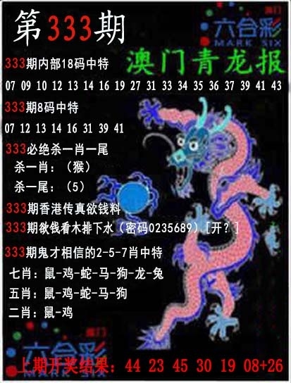 2025333期：澳门青龙报，描绘2025新澳门天天精准资枓玄机:获取奖来一生禄;解析2025新澳门历史记录查询3肖6码：【虎马鸡,11-12-15-29-33-42】