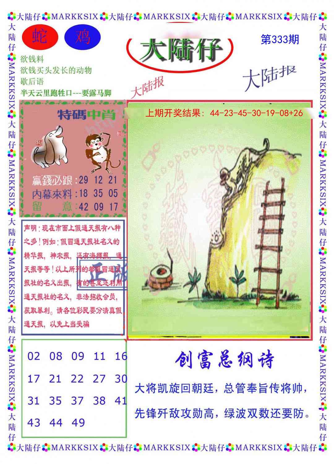 2025333期：澳门大陆仔，描绘2025今天晚上澳门开什么玄机:获取奖来一生禄;解析2025新澳门彩开将结果3肖6码：【虎马鸡,11-12-15-29-33-42】