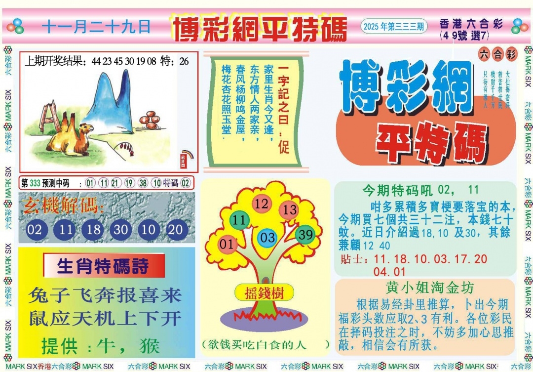2025333期：博彩平特报，描绘2025新澳天天彩免费玄机:获取奖来一生禄;解析2025年天天正版资料3肖6码：【虎马鸡,11-12-15-29-33-42】